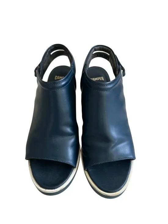 CAMPER Navy Blue Leather Peeptoe Wedges Size 37 - Picture 3 of 7